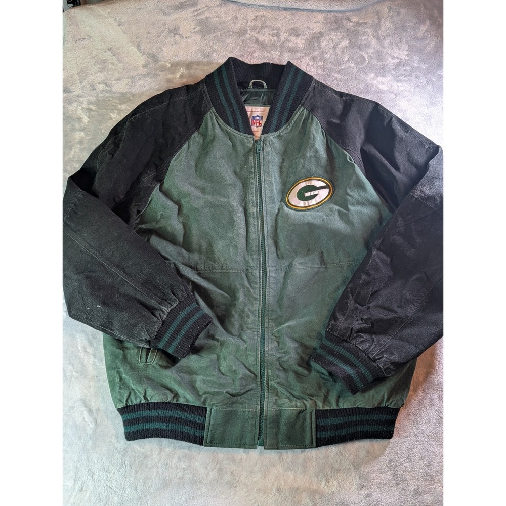 Vtg Y2K NFL US Men's L Black Suede Leather Green Bay Packers Bomber Jacket